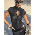 Tassel Applique Crop Tops Women Single-Breasted Half-High Neck Tassel Midnight Hottie Versatile Street Skinny T-Shirt