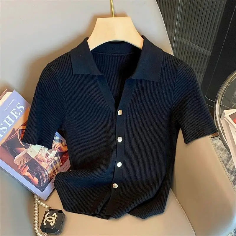 Knitted Polo Shirt  Women's Summer Cardigan Short Sleeve T-Shirt Casual Fashion Short Sleeve Tops Knitwear 2025 Korean Clothing