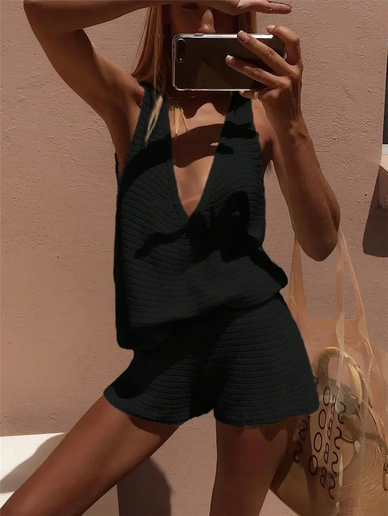 Casual Shorts Set For Spring Summer Comfortable Everyday Lazy Style Solid Color V-neck Pullover Knitted Vest Short Two-piece Set