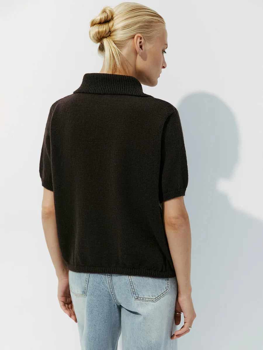 Bronladies Women's Polo Hollow Knitted Short Sleeved Sweater Spring Summer Bubble Sleeve T-shirt Female Simple Knitted Sweater