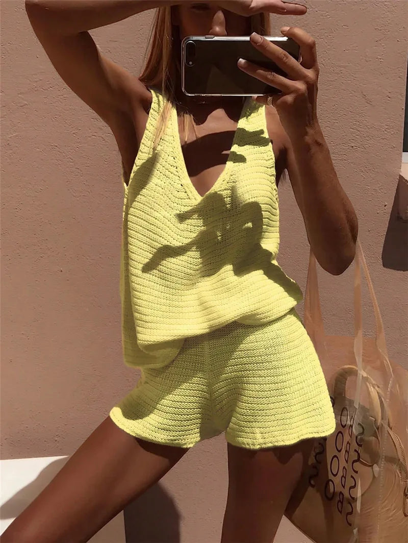 Casual Shorts Set For Spring Summer Comfortable Everyday Lazy Style Solid Color V-neck Pullover Knitted Vest Short Two-piece Set