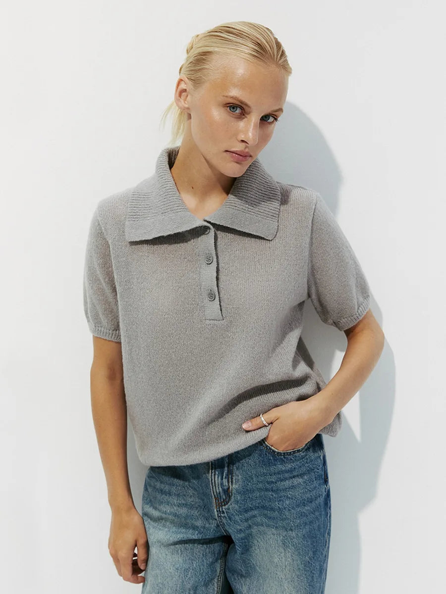 Bronladies Women's Polo Hollow Knitted Short Sleeved Sweater Spring Summer Bubble Sleeve T-shirt Female Simple Knitted Sweater