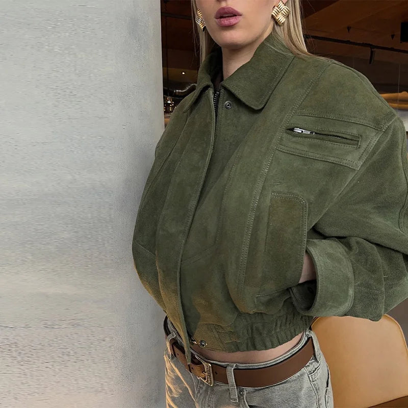 Vintage Suede Jacket For Women Long Sleeve Pocket Turn-down Collar Zipper Short Coat 2025 Autumn Winter Streetwear Lady Outwears