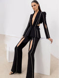 HIGH STREET Newest Fashion 2026 Designer Suit Set Women's Single Button Hollow Out Diamonds Beaded Blazer Flare Pants Set