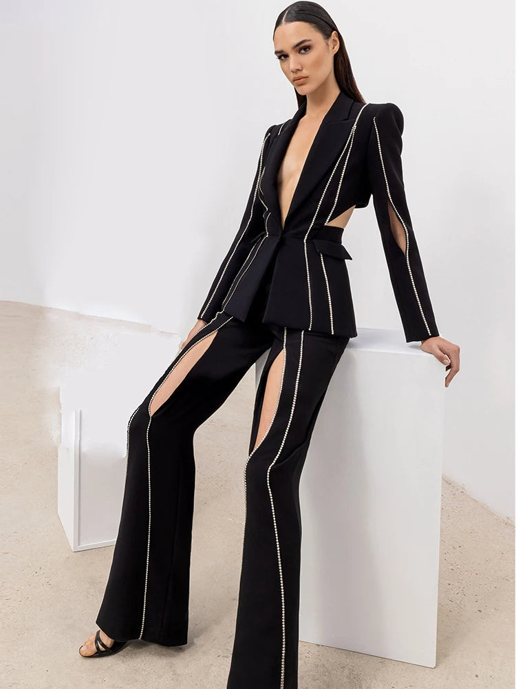 HIGH STREET Newest Fashion 2026 Designer Suit Set Women's Single Button Hollow Out Diamonds Beaded Blazer Flare Pants Set
